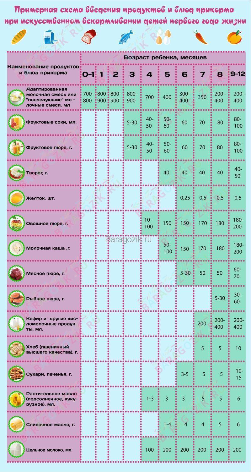 Первый прикорм, как правильно вводить и подробная схема-таблица введения прикорма для детей
